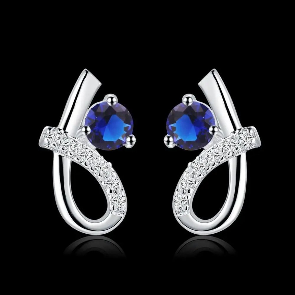 Small & Cute Sapphire and Loop Stud Earrings, 925 Sterling Silver - Picture 6 of 6